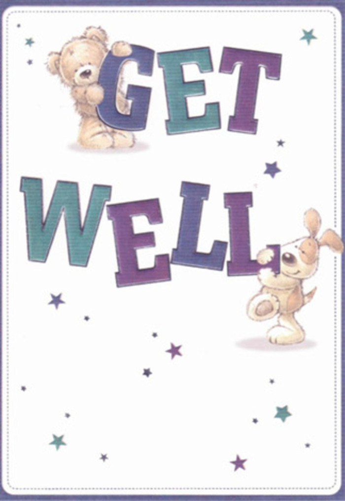 With every brushstroke, this get well card captures Chinatown's spirit of support and heartfelt well-wishing. Against a backdrop reminiscent of the crisp, inviting interiors of local teahouses, a cheerful bear and a lively puppy come together, their playful interaction echoing the warmth found in the community's close-knit gatherings. Playful starbursts dance around the duo, their blue and purple hues hinting at the vibrant shop signs illuminating the evening in Chinatown. The typography-broad, confident, and shaded in rich purples and aquas-anchors the design, providing a reassuring presence much like the familiar storefronts of Chinatown Florist. Both the bear and the puppy are rendered with tactile detail: the bear's soft fluff and the puppy's velvety ears appear almost touchable, exuding comfort and kindness. Sending such a card alongside a floral bouquet feels like extending a promise of recovery and joy, with every gesture designed to uplift. The light and airy composition leaves space for hope, perfect for lifting the spirits of family or friends recovering somewhere above the lively clatter of Gerrard Street, no matter their age.